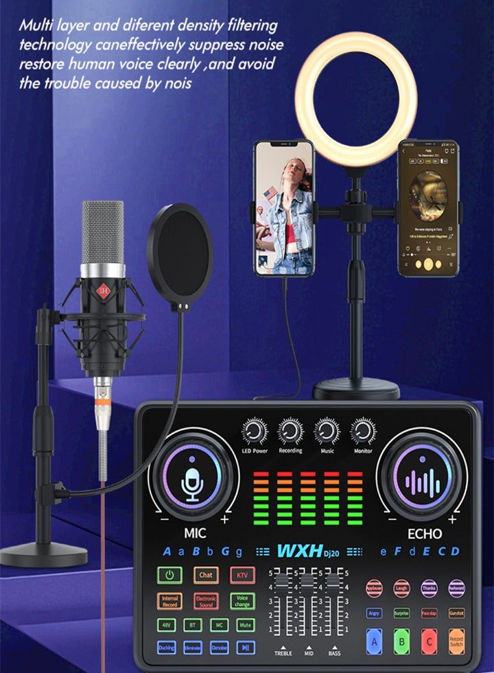 Live Streaming and Tik Tok Bundle - Studio Mic, Sound Card, RGB Light Strip, Noise Cancelling Audio Sound Card Mixer (with Phone and Computer Holder) - Image 4