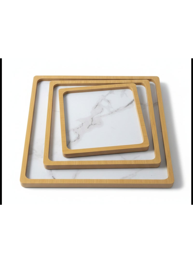 طقم صواني تقديم خشب بشكل رخامي مربّع 3 قطع ( 27 -22 -17 )