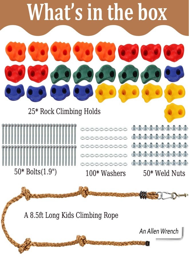 ZENFUN 25 Packs Rock Climbing Holds for Kids and Adults, Indoor & Outdoor Rock Wall Climbing Kit, Multi-Colored Climbing Rock Wall Grips with Mounting Hardware, Knotted Rope and 25 Handles - Image 3
