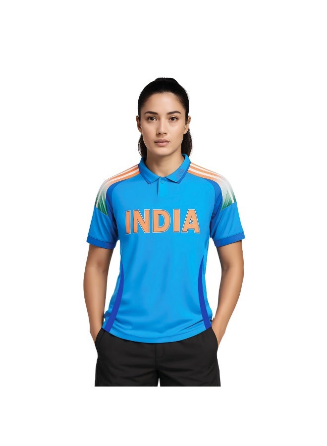 PRINTSHOP4ME India Sports Women’s T-Shirt – Blue Dry-Fit Cricket Jersey With Short Sleeves And Collared Neck – Ideal Sportswear For Cricket Practice,Team Activities And Daily Wear - Image 1