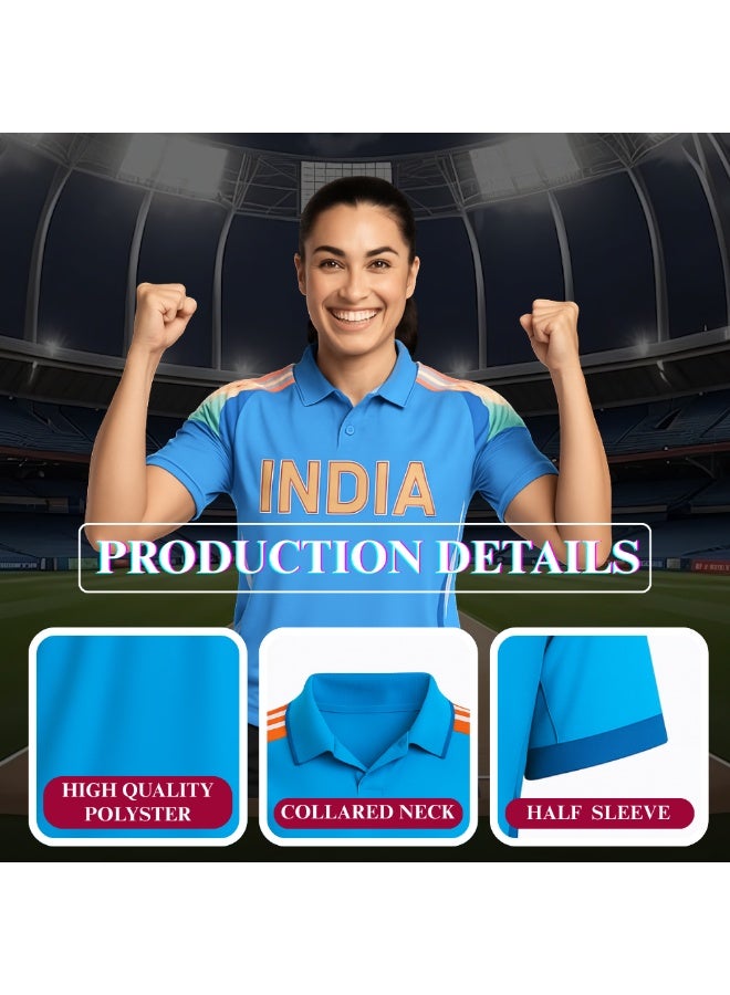 PRINTSHOP4ME India Sports Women’s T-Shirt – Blue Dry-Fit Cricket Jersey With Short Sleeves And Collared Neck – Ideal Sportswear For Cricket Practice,Team Activities And Daily Wear - Image 3