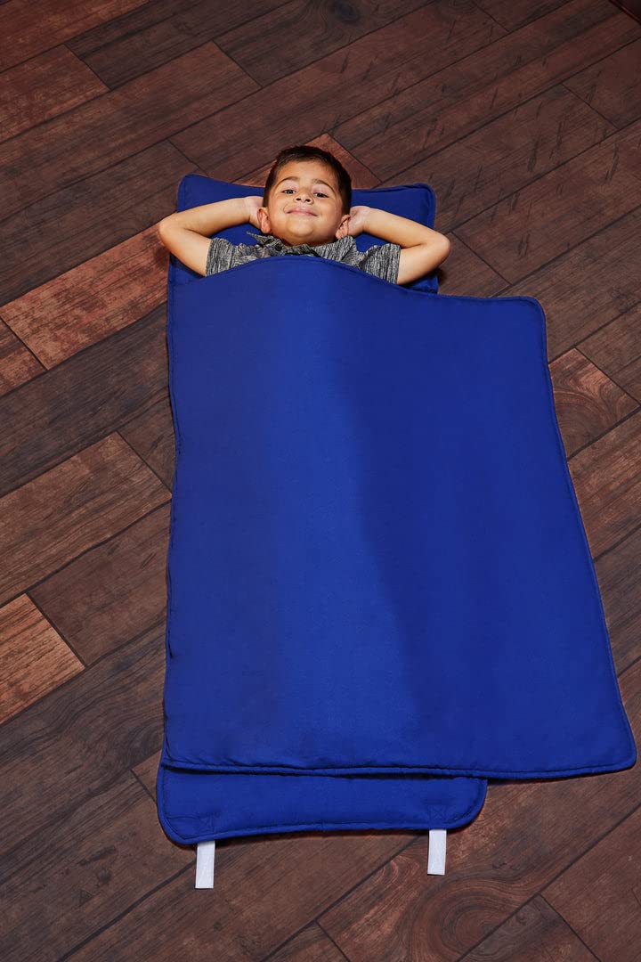 EVERYDAY KIDS EVERYDAY KIDS Nap Mat with Removable Pillow  Navy  Carry Handle with Straps Closure Rollup Design Soft Microfiber for Preschool Daycare Travel Sleeping Bag  Ages 36 Years 