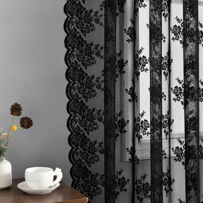 Kotile Black Lace Curtains 63 Inch Length 2 Panels, Country Rustic Floral Gothic Sheer Curtains for Halloween, Rod Pocket Vintage Privacy Sheer Lace Curtains, 42 x 63 Inch Each, 1 Pair, Black - Image 5