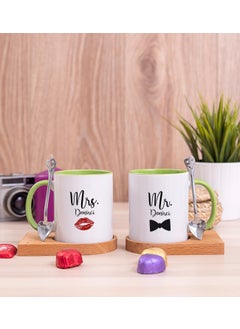 Hediye Dükkanı Gift Shop Personalized Mr Mrs Designed Double Wooden Coaster Green Mug 