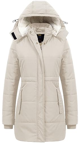 CREATMO US Women's Heavy Full-Zip Puffer Jacket With Detachable Hood Quilted Sherpa Lined Winter Coat Beige XL - Image 1
