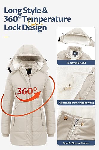 CREATMO US Women's Heavy Full-Zip Puffer Jacket With Detachable Hood Quilted Sherpa Lined Winter Coat Beige XL - Image 5