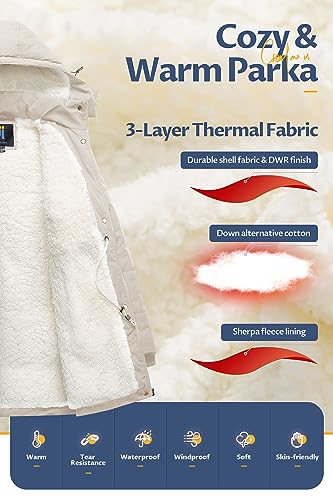 CREATMO US Women's Heavy Full-Zip Puffer Jacket With Detachable Hood Quilted Sherpa Lined Winter Coat Beige XL - Image 3