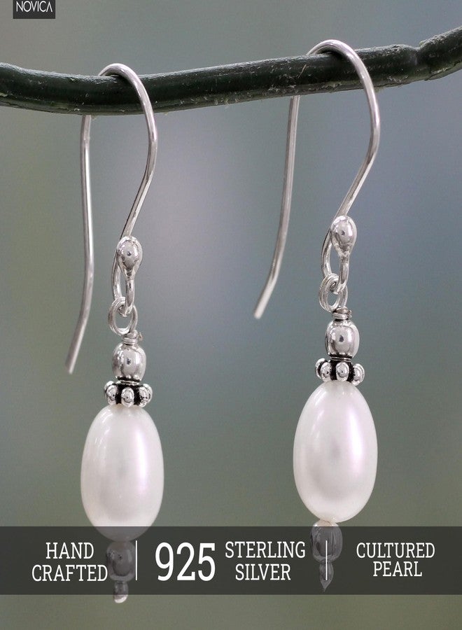 نوفيكا أقراط متدلية من اللؤلؤ المستزرع مصنوعة يدوياً من نوفيكا، مصنوعة من الفضة الإسترليني، مرصعة بحجر اللؤلؤ الأبيض الهندي، مناسبة للعرائس [1.2 بوصة طول × 0.2 بوصة عرض × 0.2 بوصة عمق] "القدر الحلو" - Image 2