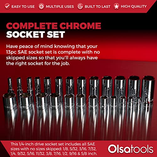 Olsa Tools SAE Shallow Socket Set - 1/4-Inch Drive, 13pc - 6-Point Chrome Sockets 1/8" to 5/8" and No Skipped Sizes - Mechanic Shallow SAE Socket Set - Professional Grade Short Sockets - Part: 1330 - Image 2