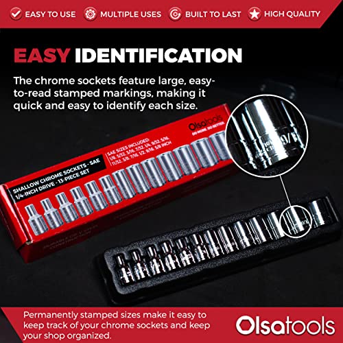 Olsa Tools SAE Shallow Socket Set - 1/4-Inch Drive, 13pc - 6-Point Chrome Sockets 1/8" to 5/8" and No Skipped Sizes - Mechanic Shallow SAE Socket Set - Professional Grade Short Sockets - Part: 1330 - Image 3