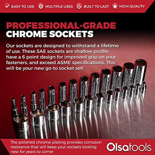Olsa Tools SAE Shallow Socket Set - 1/4-Inch Drive, 13pc - 6-Point Chrome Sockets 1/8" to 5/8" and No Skipped Sizes - Mechanic Shallow SAE Socket Set - Professional Grade Short Sockets - Part: 1330 - Image 5