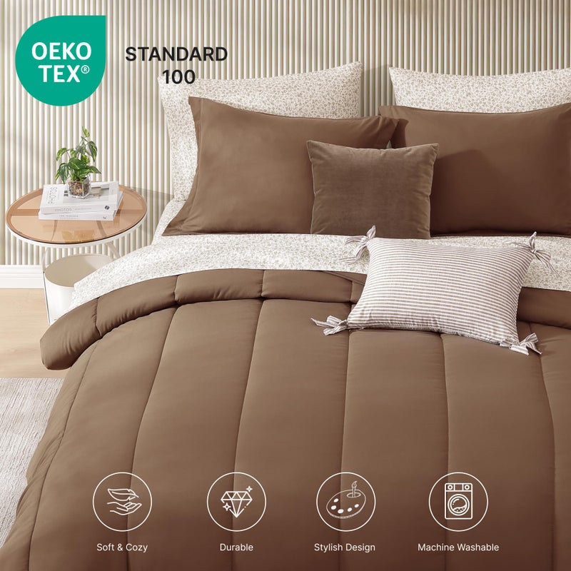 Monbix King Size Comforter Set - 7 Pieces Bed in a Bag King, Brown Track Stitching Bedding Sets, All Seasons Comforter Bed Set with Sheets - Image 4
