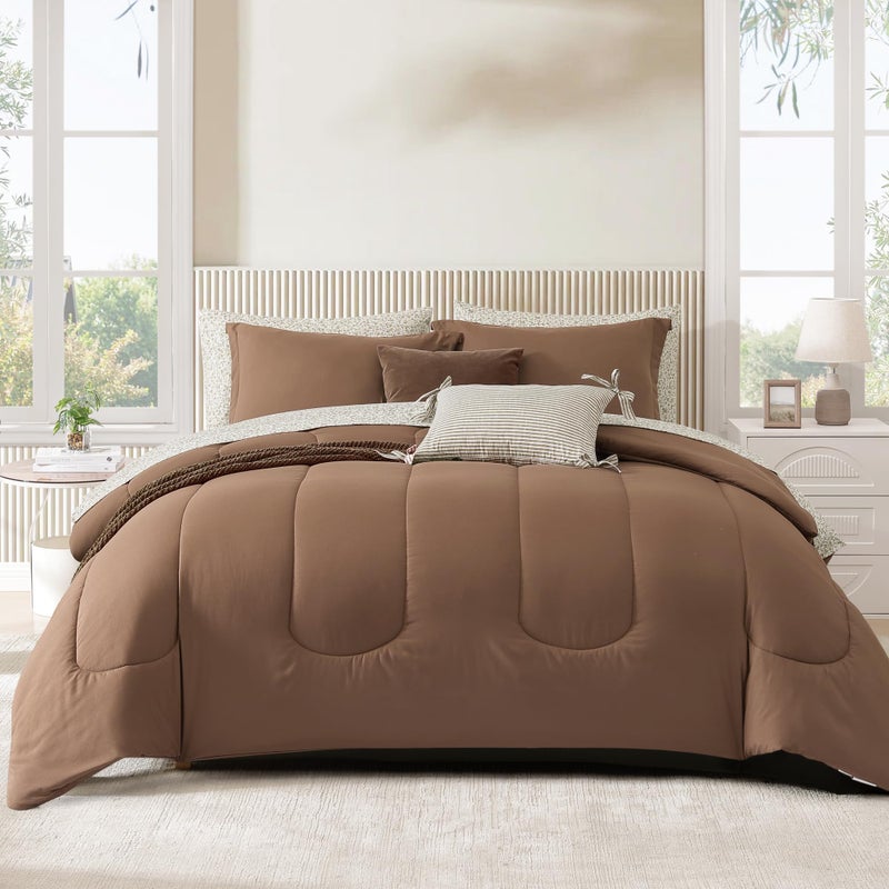 Monbix King Size Comforter Set - 7 Pieces Bed in a Bag King, Brown Track Stitching Bedding Sets, All Seasons Comforter Bed Set with Sheets - Image 1
