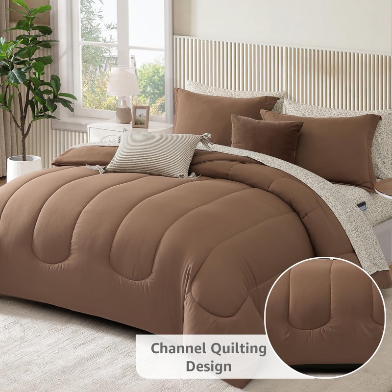 Monbix King Size Comforter Set - 7 Pieces Bed in a Bag King, Brown Track Stitching Bedding Sets, All Seasons Comforter Bed Set with Sheets - Image 2