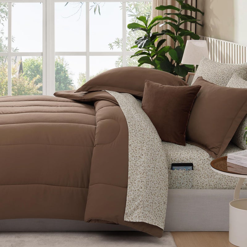 Monbix King Size Comforter Set - 7 Pieces Bed in a Bag King, Brown Track Stitching Bedding Sets, All Seasons Comforter Bed Set with Sheets - Image 3