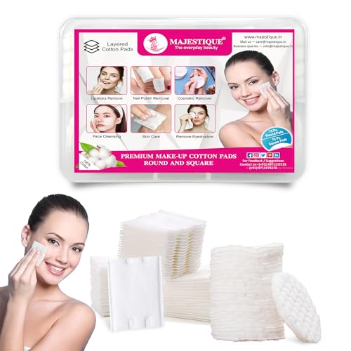 Majestique Premium Makeup Removal Cotton Pads Round and Square | Double Sided 100% Thick Layered Cotton Pad | Soft and Gentle Multipurpose Pads | Face Cleaning Cotton Pads- 150Pcs/1 Box - Image 1