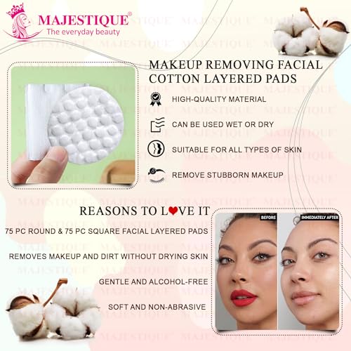 Majestique Premium Makeup Removal Cotton Pads Round and Square | Double Sided 100% Thick Layered Cotton Pad | Soft and Gentle Multipurpose Pads | Face Cleaning Cotton Pads- 150Pcs/1 Box - Image 3