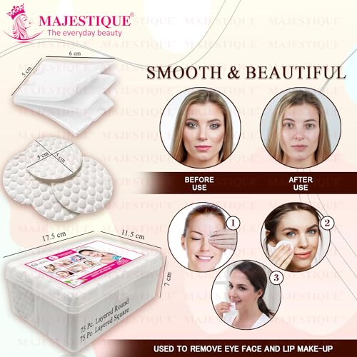 Majestique Premium Makeup Removal Cotton Pads Round and Square | Double Sided 100% Thick Layered Cotton Pad | Soft and Gentle Multipurpose Pads | Face Cleaning Cotton Pads- 150Pcs/1 Box - Image 2