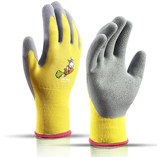KDK Ages 5-7 Kids Gardening Gloves,Yard Work Gloves for Toddlers, Youth, Girls, Boys, Childrens, Soft Safety Rubber Gloves (XXS Age 5-7, 1 Pair Yellow Rabbit Carrot) - Image 1