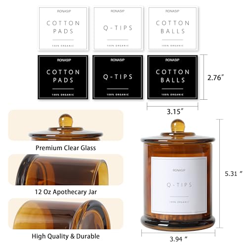 Ronasip 3 Pack Qtip Holder Dispenser, 16oz Bathroom Organizer and Storage Canisters, Glass Apothecary Jars with Lid - Home Decor, Room Decor Aesthetic (Amber) - Image 4