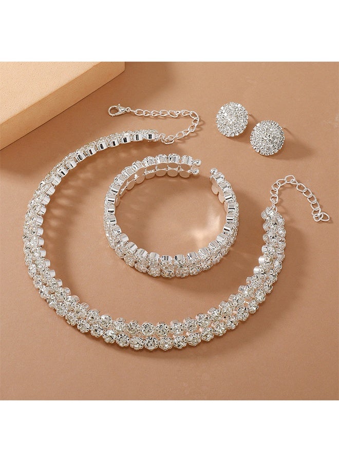 مجموعة مجوهرات تتكون من 3 قطع: سوار، أقراط، و قلادة مزينة بالكريستال، قلادة رقبة مزدوجة الصف بفصوص دائرية للزفاف، وإكسسوارات لفستان المساء، مثالية لحبيبتك أو زوجتك أو والدتك أو وصيفات الشرف لحفل الزفاف. - Image 1