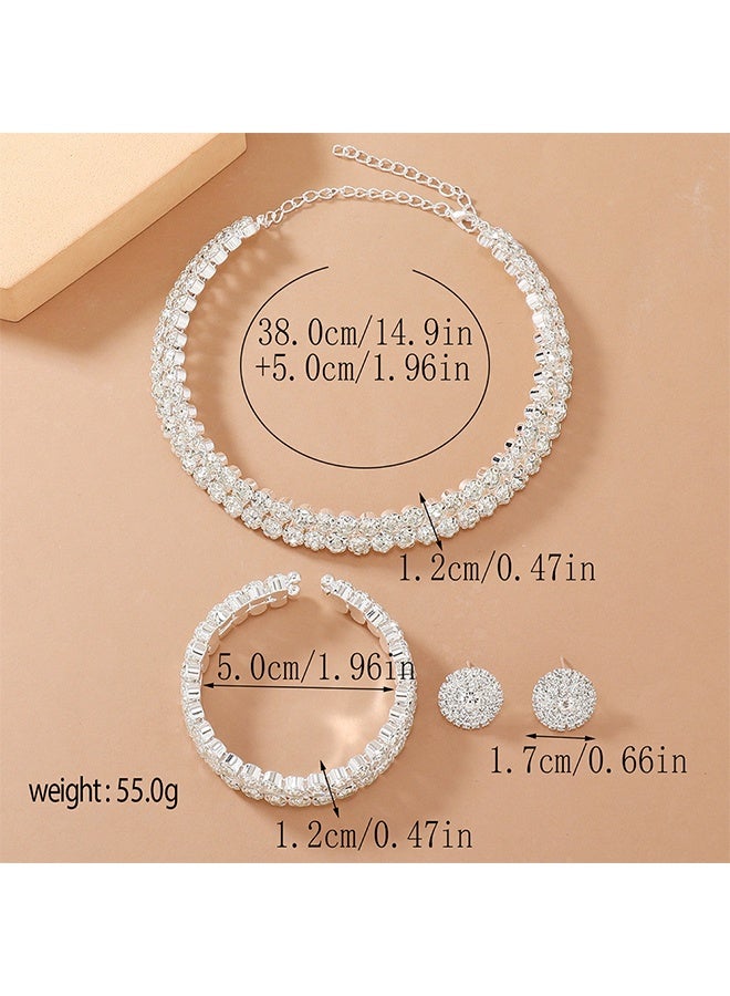 مجموعة مجوهرات تتكون من 3 قطع: سوار، أقراط، و قلادة مزينة بالكريستال، قلادة رقبة مزدوجة الصف بفصوص دائرية للزفاف، وإكسسوارات لفستان المساء، مثالية لحبيبتك أو زوجتك أو والدتك أو وصيفات الشرف لحفل الزفاف. - Image 5