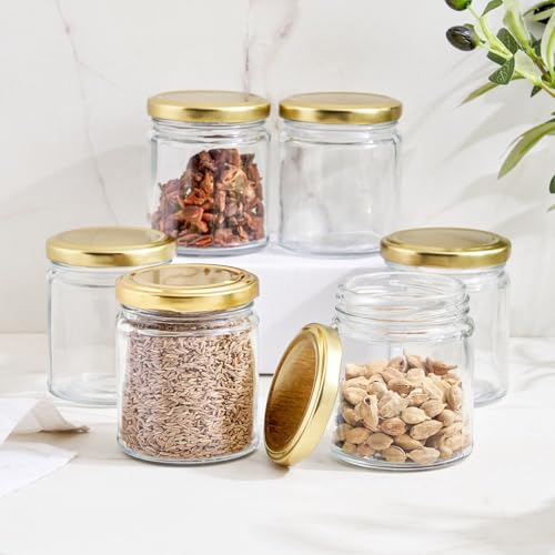 MACHAK glass jars | containers for kitchen storage set | glass jar for kitchen | with Rust Free Air Tight Golden Lid | 200ml (Pack of 6) - Image 1