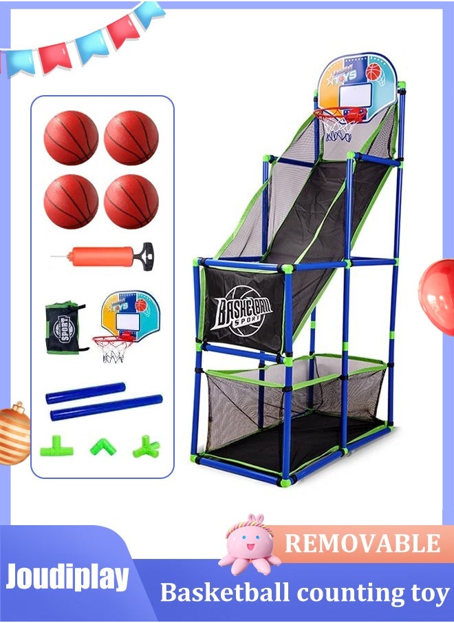 Joudiplay Kids Basketball Game Set, Liftable Shooting Machine with 4 Balls and Hoop, Basketball Hoop Indoor for Kids, Four Height Settings, Interesting Gift for Boys Girls (Air Pump Included)  - Image 1