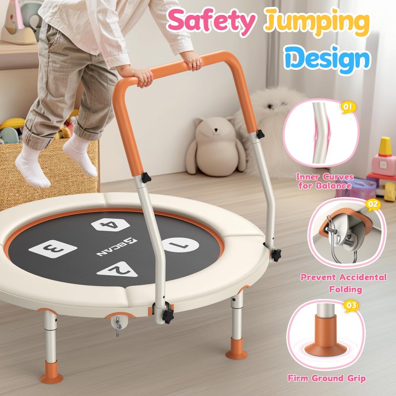 BCAN 36'' Toddler Trampoline, ASTM Certified-Foldable Mini Trampolines for Kids Ages 1-6, Adjustable Handle, Safety Pad & Foldable Legs, Baby Trampoline Indoor/Garden, Gift for Boy and Girl, Beige - Image 2