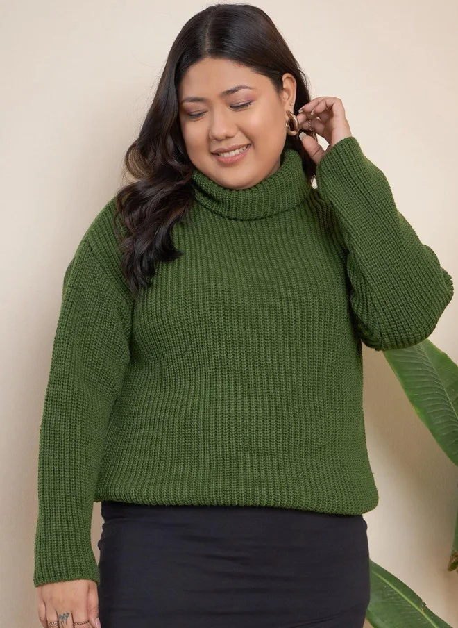 CURVY STREET Olive Green Ribbed Turtle Neck Pullover for Women