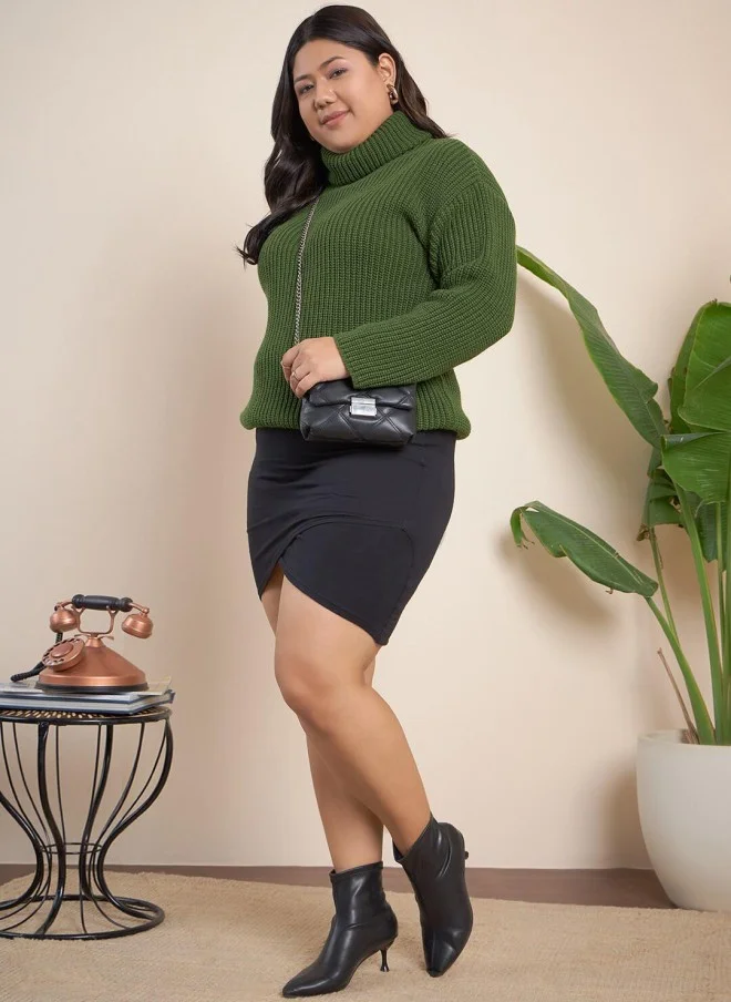 CURVY STREET Olive Green Ribbed Turtle Neck Pullover for Women