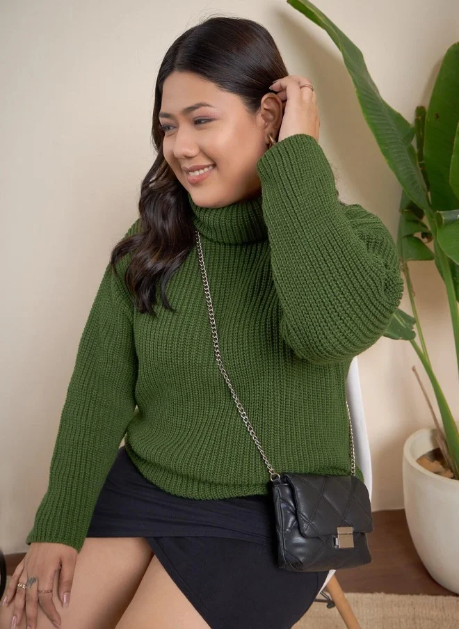 CURVY STREET Olive Green Ribbed Turtle Neck Pullover for Women