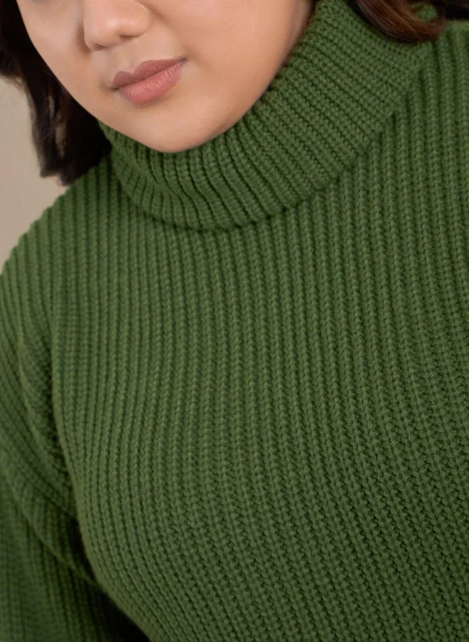 CURVY STREET Olive Green Ribbed Turtle Neck Pullover for Women