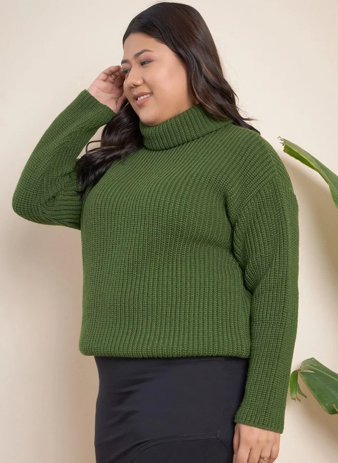 CURVY STREET Olive Green Ribbed Turtle Neck Pullover for Women