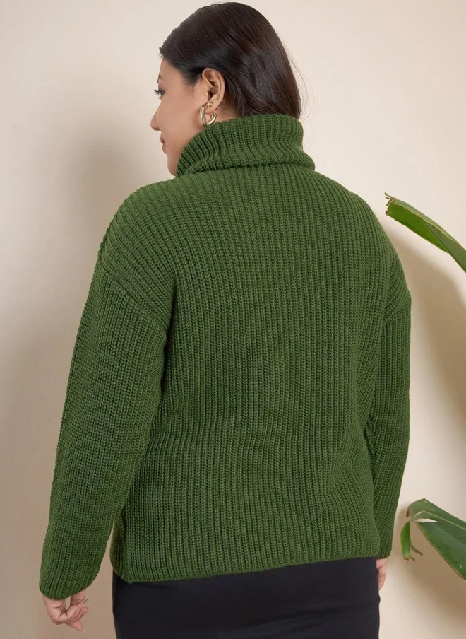 CURVY STREET Olive Green Ribbed Turtle Neck Pullover for Women