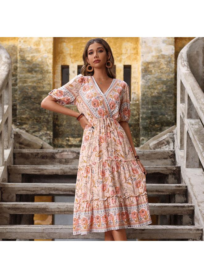 Special For New European And American Retro Women's Pink Wood-ear Printed V-neck Mid-length Dress