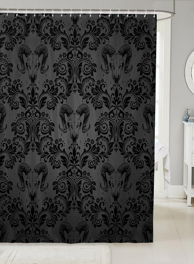 Feelyou Adults Gothic Shower Curtain for Bathroom Decor 72" L x 72" W Dark Olive Green Damask Bath Curtain Goat Head Bohemia Boho Bathroom Accessories Goth Vintage Victorian Baroque Floral - Image 1