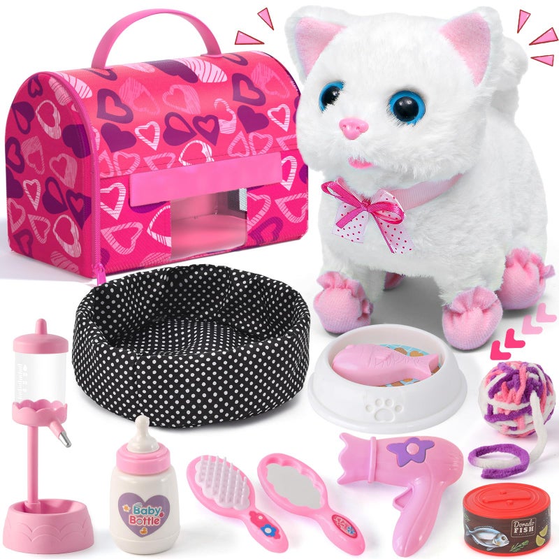 Golray Cat Toys for Kids Girls Gift Electronic Interactive Plush Toy Cat Can Walk and Meow 16 Pcs Carrier Pet Groom Feed Care Pretend Play Set Birthday Gift for Toddler Little Girl 3 4 5 6 7 8 9 - Image 2