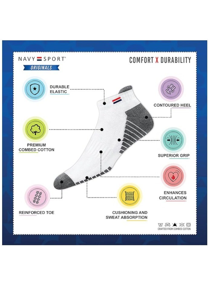NAVYSPORT Men's Low Cut Athletic Cotton Cushion Ankle Socks with Sports Tab for Running, Gym, Training, Casual Wear, Pack of 3 (Free Size, White) - Image 4