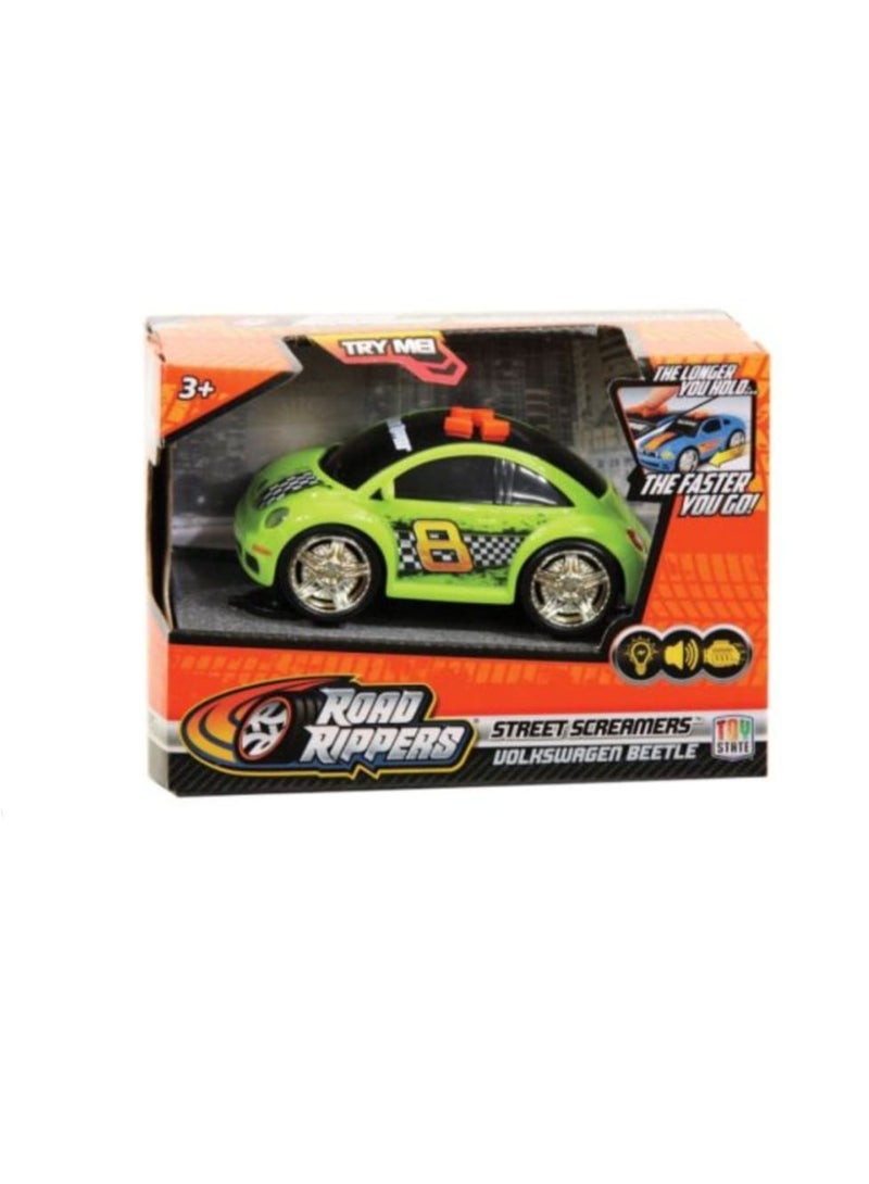Road Rippers Toy Race Car, Green with Black Roof, Beetle Style, Racing Theme with Checkered Flag Design, New with slightly damaged box - Image 1