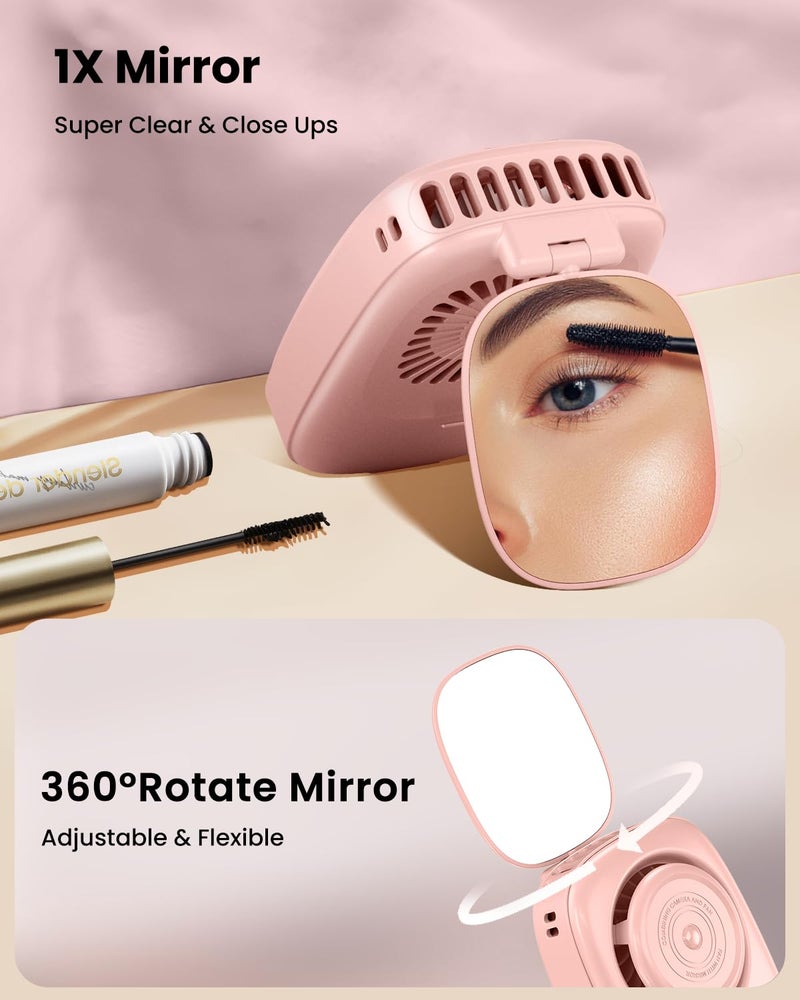 Gaiatop Mini Neck Fan, Rechargeable LED Power Display 3 Speed 360°Rotate Lash Makeup Mirror Cute Camera Design, Small Portable USB Handheld Desk Fans Personal Cooling Travel Essentials Pink - Image 3
