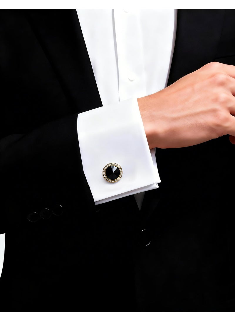 HomeNoor Gold Black Crystal Rhinestone Cufflinks, Elegant Formal French Cufflinks for Business, Wedding and Daily Wear, Stylish Shirt Cuff Links for Special Events, Perfect Gift Idea for Men & Women - Image 3