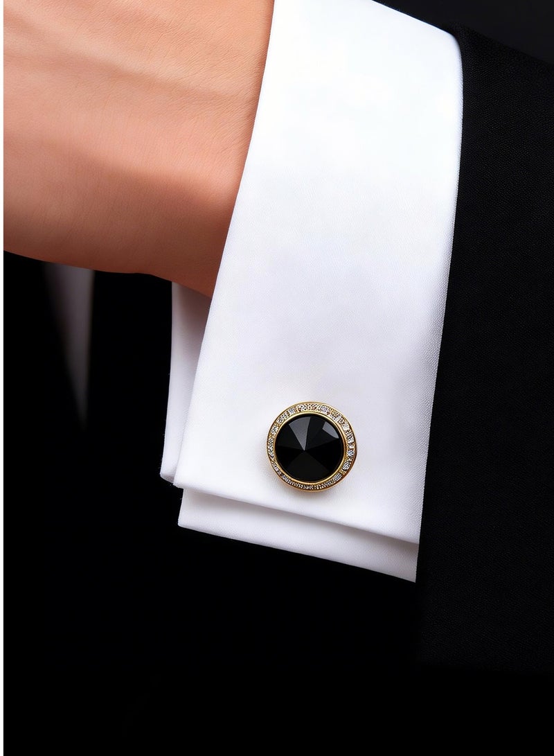 HomeNoor Gold Black Crystal Rhinestone Cufflinks, Elegant Formal French Cufflinks for Business, Wedding and Daily Wear, Stylish Shirt Cuff Links for Special Events, Perfect Gift Idea for Men & Women - Image 1