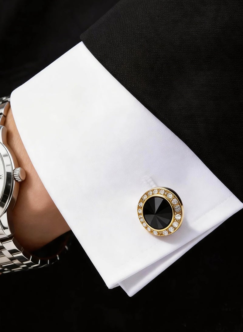 HomeNoor Gold Black Crystal Rhinestone Cufflinks, Elegant Formal French Cufflinks for Business, Wedding and Daily Wear, Stylish Shirt Cuff Links for Special Events, Perfect Gift Idea for Men & Women - Image 1