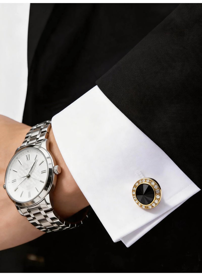 HomeNoor Gold Black Crystal Rhinestone Cufflinks, Elegant Formal French Cufflinks for Business, Wedding and Daily Wear, Stylish Shirt Cuff Links for Special Events, Perfect Gift Idea for Men & Women - Image 4