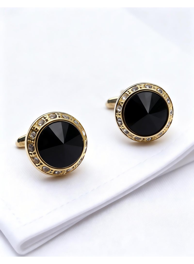 HomeNoor Gold Black Crystal Rhinestone Cufflinks, Elegant Formal French Cufflinks for Business, Wedding and Daily Wear, Stylish Shirt Cuff Links for Special Events, Perfect Gift Idea for Men & Women - Image 3