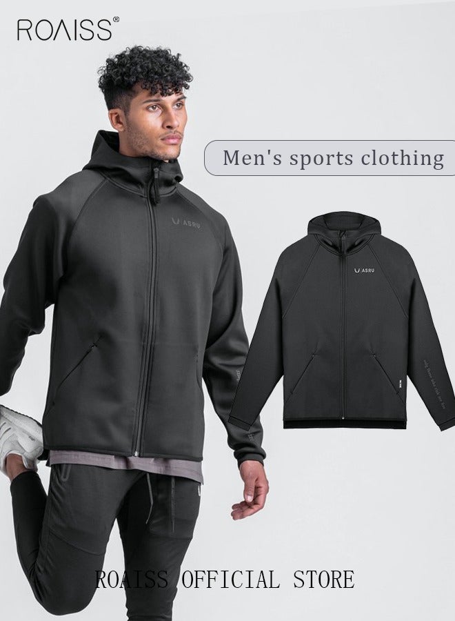 roaiss Men's Zipper up Hooded Sweatshirt with Pockets Fall Winter Clothing for Men Sportswear Men Casual Outerwear Activewear Loose Sweatshirt Jacket Plus Size Solid Color Coat Black  - Image 1
