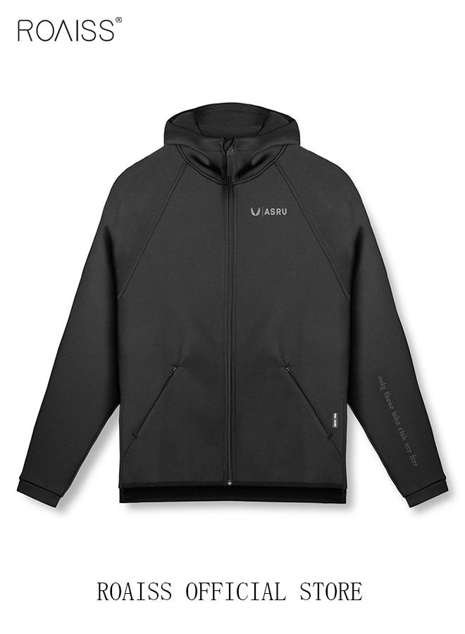 رويس سترة رجالية بغطاء للرأس وسحاب مع جيوب ملابس خريف وشتاء للرجال ملابس رياضية ملابس خارجية كاجوال ملابس رياضية فضفاضة سترة مقاس كبير معطف بلون سادة أسود - Image 1