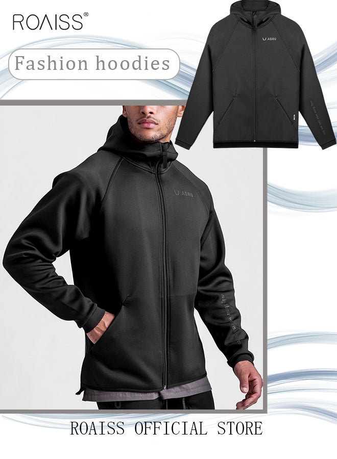 رويس سترة رجالية بغطاء للرأس وسحاب مع جيوب ملابس خريف وشتاء للرجال ملابس رياضية ملابس خارجية كاجوال ملابس رياضية فضفاضة سترة مقاس كبير معطف بلون سادة أسود - Image 4