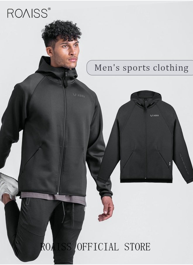 roaiss Men's Zipper up Hooded Sweatshirt with Pockets Fall Winter Clothing for Men Sportswear Men Casual Outerwear Activewear Loose Sweatshirt Jacket Plus Size Solid Color Coat Black  - Image 2
